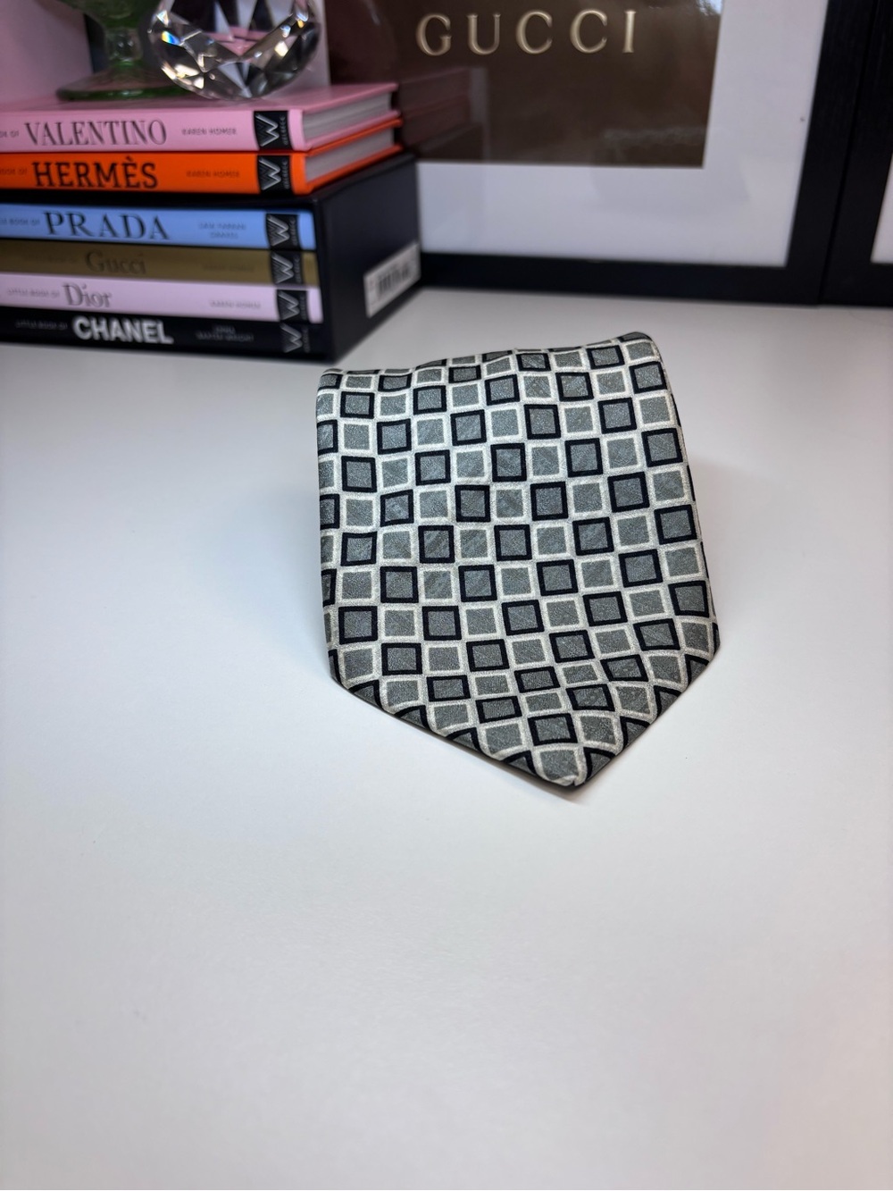 J.Ferrar Black,Olive and Cream Geometric Silk Tie Made in Italy EUC
